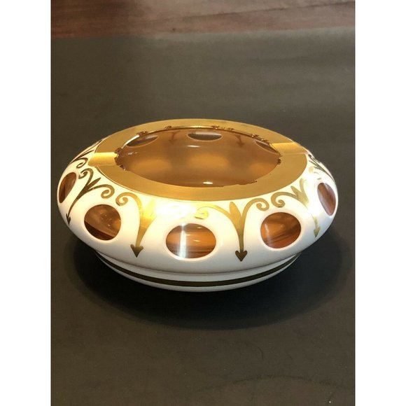 Bohemian Czech Cased White Ashtray Over Amber Hand Painted Gold Encrusted Rare - Picture 2 of 6